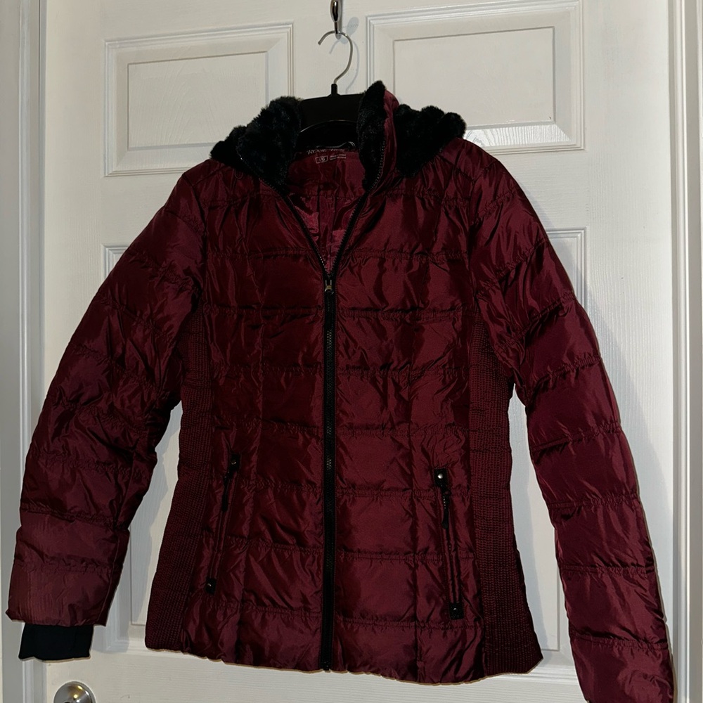 Women's Burgundy Puffer Jacket with Faux Fur Hood
